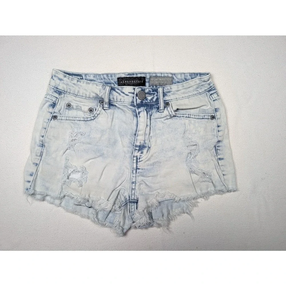 Aeropostale‎ High Waisted Shorty Shorts Size 2 Distressed Denim Acid Wash Booty